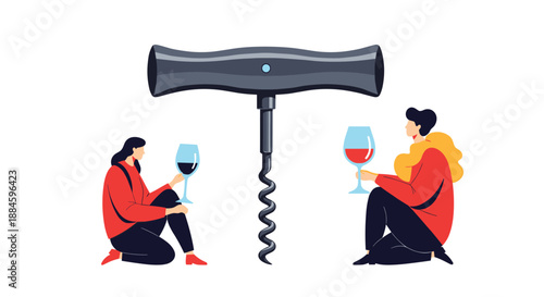 Man and woman sitting with glasses of wine next to a giant corkscrew bottle opener in a conceptual illustration of drinking.