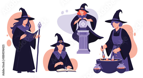 Group of witches performing magical acts including reading a spell book, using a crystal ball, and brewing a potion in a cauldron.