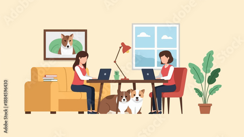 Two women work on laptops at a desk with dogs