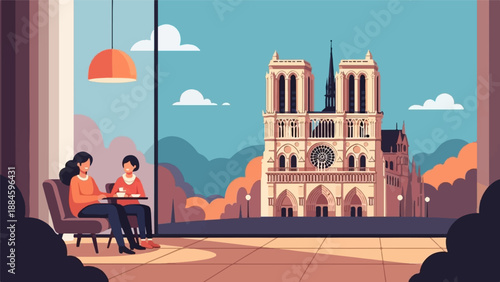 Two people sit at a table in a cafe, looking out at a pixelated European cathedral