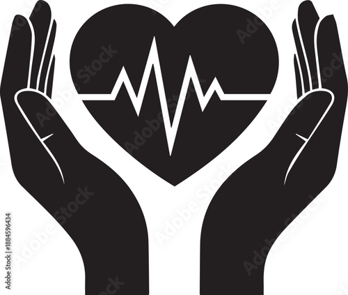 Hands holding a healthy beating heart icon, representing cardiology care, life insurance protection, and medical support. Minimalist black and white vector illustration for healthcare wellness.