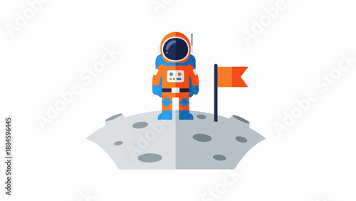 Stylized astronaut stands on moon surface next to flag