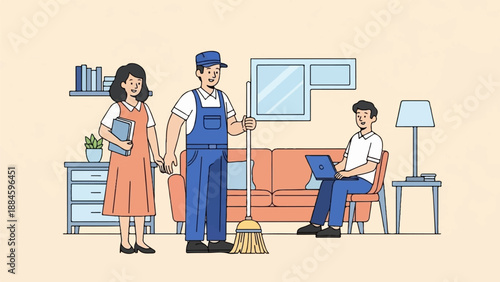 Stylized illustration of people in a room with a cleaner, a woman with books, and a man on a laptop