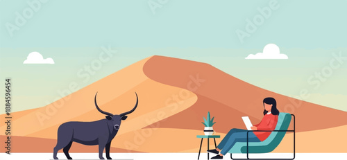 Woman relaxes in a chair while a bull stands near desert dunes