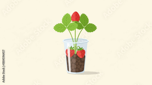 Pixel art illustration of a strawberry plant growing in a clear cup