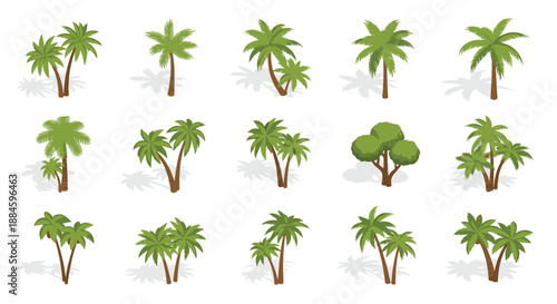 Large set of various isometric trees including palm trees and deciduous green trees with soft shadows for architectural visualization.