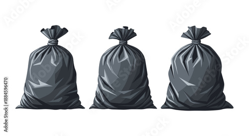 Three black plastic trash bags tied at the top and filled with waste representing domestic garbage and sanitation services.