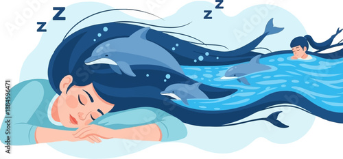 Sleeping person dreaming of dolphins swimming through flowing dark hair