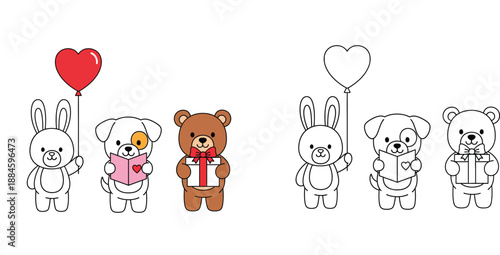 Cute cartoon animals set with rabbit, dog, and bear holding Valentine gifts vector illustration with black and white coloring book outline.