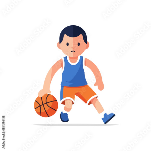 Young boy playing basketball, dribbling ball with concentration, active childhood sport