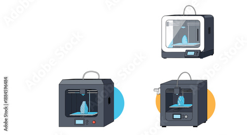 Three different 3D printers in various colors printing a blue vase showing the additive manufacturing process and technology.
