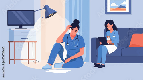 Two healthcare professionals rest with a cat and tablet, one looking weary