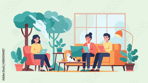 People relax indoors during a stylized, rainy day