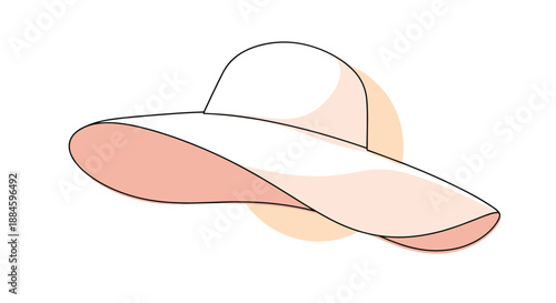 Simple illustration of a wide-brimmed white sun hat with a peach-colored accent for summer fashion and sun protection.