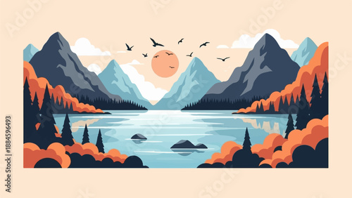 Serene mountain lake scene with birds flying at sunset