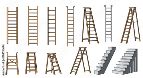 Collection of various wooden and metal ladders, step stools, and a set of concrete stairs used for climbing and access.