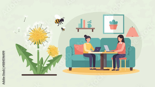 Two women work on laptops at home near dandelions and flying bees