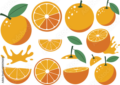 Set of Vector Oranges with Whole, Sliced and Juice Splash Elements. Fresh Citrus Fruit Illustration Isolated on White Background for Food and Beverage Design