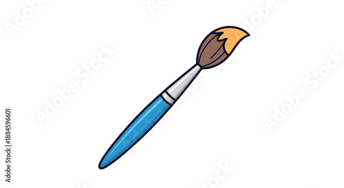 Simple illustration of a single paintbrush with a blue handle and brown bristles tipped with orange paint on a white background.