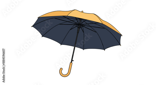 Large open umbrella with a yellow outer canopy and dark blue interior showing the metal frame and wooden handle.