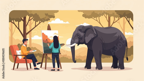 Two artists painting an elephant in a surreal jungle setting with warm lighting