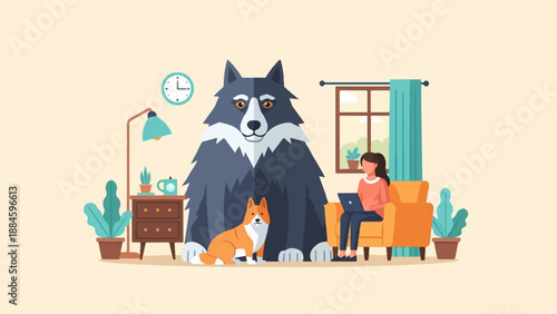 Woman on couch with two dogs and home decor