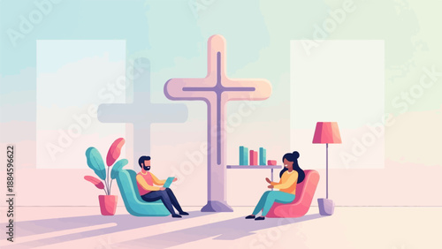 Two people in a modern room with a large cross symbol and plants