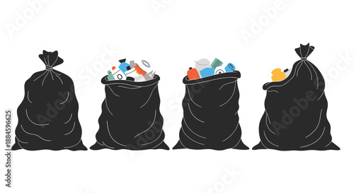 Row of four black plastic trash bags with some containing visible recyclable items like bottles, cans, and paper.