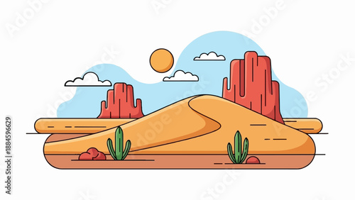 Stylized desert scene with sandstone formations, cacti, and a sunny sky