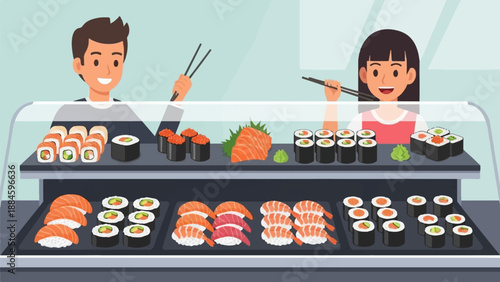 People selecting sushi from a diverse display case filled with various rolls