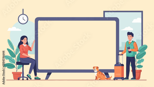 People with dog and luggage in front of a large screen and window