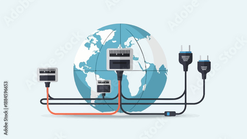 World globe connected by cables and network plugs
