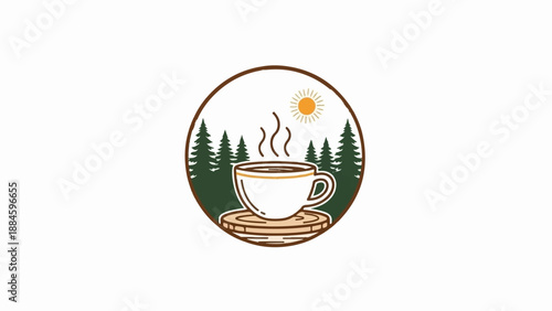 Steaming coffee cup nestled in a forest with a bright sun