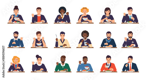 Diverse group of people enjoying meals at dining tables represents various social settings and different food cultures in flat style.