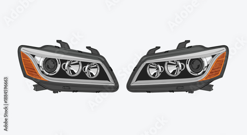 Modern car headlights with sleek design and integrated signal lights are shown in a pair for automotive part replacement themes.
