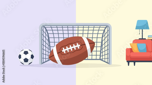 Two sports balls and a sofa are depicted in a split background