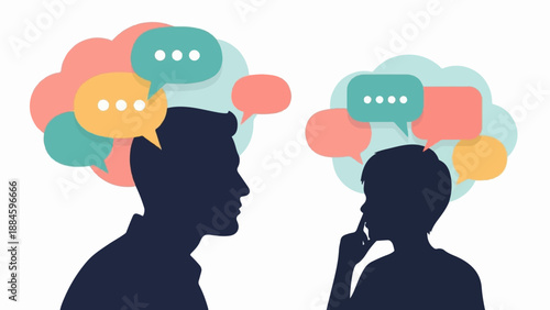 Two silhouetted heads facing each other with colorful speech bubbles
