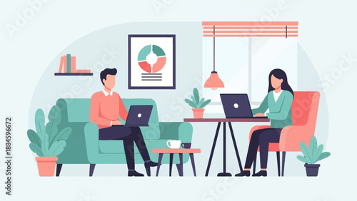 Two people working on laptops in a living room with plants