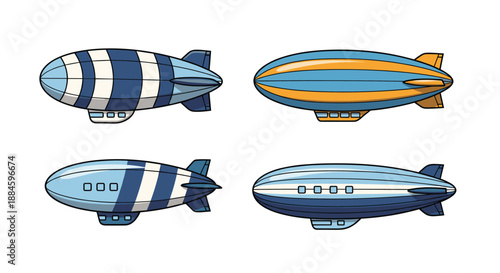 Collection of stylized airship or blimp illustrations features different colors and patterns for aeronautical and transportation themes.