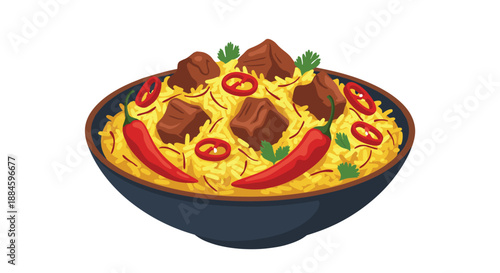 Bowl of aromatic yellow rice topped with meat chunks and garnished with red chili peppers and cilantro represents traditional cuisine.