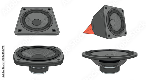 Professional audio speaker drivers are illustrated from several perspectives to show their structure and design for sound systems.