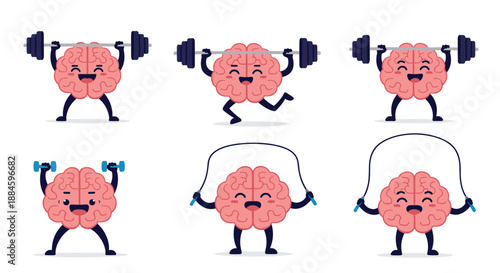 Set of cute brain characters performing various exercises like lifting weights and jumping rope promotes mental health and fitness.
