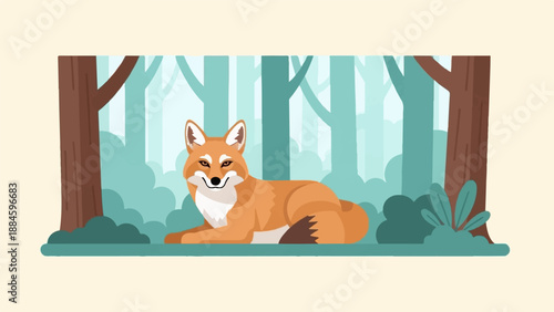 Stylized fox rests peacefully in a serene forest landscape