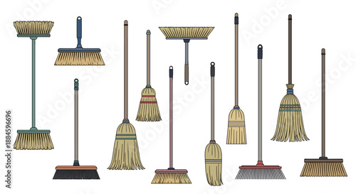 Comprehensive collection of various brooms with different handle lengths and brush types is displayed for cleaning and utility themes.
