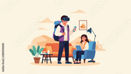 Person with VR headset and backpack, another person on laptop