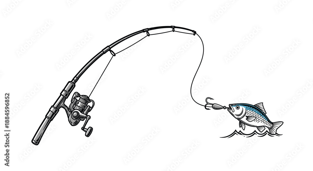 Fototapeta premium Detailed illustration of a fishing rod with a reel catching a small fish represents leisure sport, hobby, and outdoor activity.