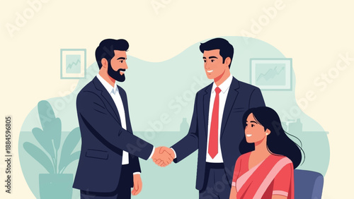 Two men in suits shake hands; a woman in a sari watches nearby