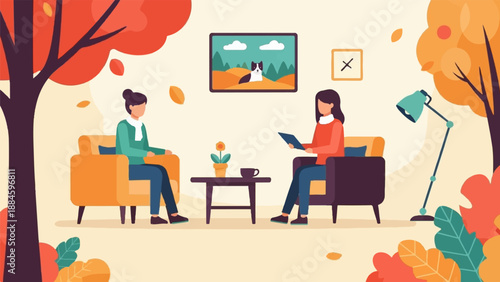 Two women sit in chairs during autumn, one with a tablet, in a warm room