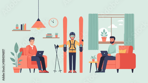 People working on laptops with a skier in the middle