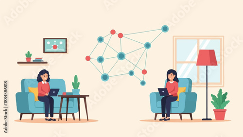 Two women sit on sofas working on laptops, with a digital network graphic floating above